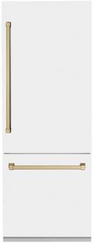 ZLINE RBIVZWM30CB - ZLINE Autograph Edition 30 in. 16.1 cu. ft. Built-in 2-Door Bottom Freezer Refrigerator with Internal Water and Ice Dispenser in White Matte with Champagne Bronze Accents (RBIVZ-WM-30-CB) 30 Inch Built-in Bottom Freezer Refrigerator