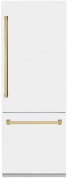 ZLINE Autograph Edition RBIVZWM30G - ZLINE Autograph Edition 30 in. 16.1 cu. ft. Built-in 2-Door Bottom Freezer Refrigerator with Internal Water and Ice Dispenser in White Matte with Polished Gold Accents (RBIVZ-WM-30-G) 30 Inch Built-in Bottom Freezer Refrigerator