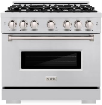 ZLINE Classic Series CDR36 - ZLINE 36 in. 5.2 cu. ft. Classic Dual Fuel Range with 6 Burner Gas Cooktop and Electric Convection Oven in Stainless Steel (CDR36) front, oven closed. 36 Inch Freestanding Dual Fuel Range