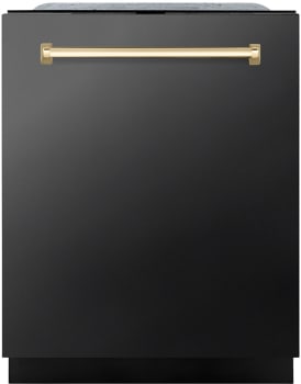 ZLINE Autograph Edition DWMTZBS24G - ZLINE Autograph Edition 24 in. Monument Series 3rd Rack Dishwasher with Auto Door Open Drying, 44dBa, Black Stainless Steel Panel with Polished Gold Handle (DWMTZ-BS-24-G) front, closed. 24 Inch Fully Integrated Dishwasher