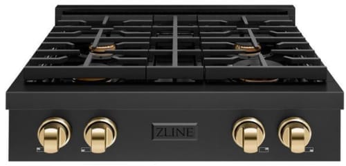 ZLINE Paramount SRTBZ30G - ZLINE 30 in. Autograph Edition Paramount Gas Rangetop with 4 Burners and Porcelain Cooktop in Black Stainless Steel with Polished Gold Accents (SRTBZ-30-G) front. 30 Inch Gas Rangetop with 4 Sealed Brass Burners