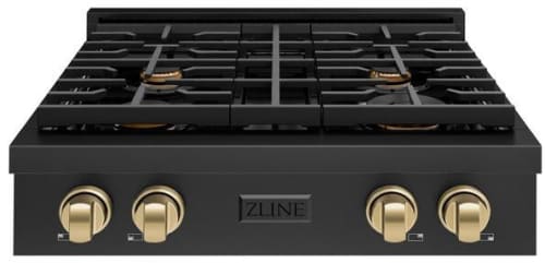 ZLINE Paramount SRTBZ30CB - ZLINE 30 in. Autograph Edition Paramount Gas Rangetop with 4 Burners and Porcelain Cooktop in Black Stainless Steel with Champagne Bronze Accents (SRTBZ-30-CB) front. 30 Inch Gas Rangetop with 4 Sealed Brass Burners