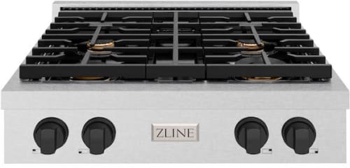 ZLINE Paramount SRTSZ30MB - ZLINE Autograph Edition 30 in. Paramount Gas Rangetop with 4 Burners and Porcelain Cooktop in Satin Stainless Steel with Matte Black Accents (SRTSZ-30-MB) front. 30 Inch Gas Rangetop with 4 Sealed Brass Burners