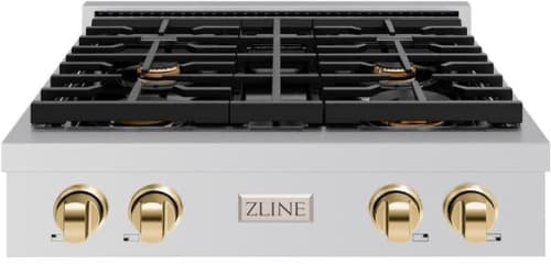 ZLINE Paramount SRTZ30G - ZLINE 30 in. Autograph Edition Paramount Gas Rangetop with 4 Burners and Porcelain Cooktop in Stainless Steel with Polished Gold Accents (SRTZ-30-G) front. 30 Inch Gas Rangetop with 4 Sealed Brass Burners