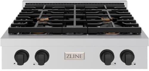 ZLINE Paramount SRTZ30MB - ZLINE 30 in. Autograph Edition Paramount Gas Rangetop with 4 Burners and Porcelain Cooktop in Stainless Steel with Matte Black Accents (SRTZ-30-MB) front. 30 Inch Gas Rangetop with 4 Sealed Brass Burners