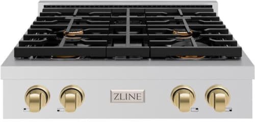 ZLINE Paramount SRTZ30CB - ZLINE 30 in. Autograph Edition Paramount Gas Rangetop with 4 Burners and Porcelain Cooktop in Stainless Steel with Champagne Bronze Accents (SRTZ-30-CB) front. 30 Inch Gas Rangetop with 4 Sealed Brass Burners
