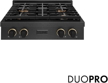 ZLINE Paramount PSRTBSZ30MBCB - ZLINE Designer Collection 30 in. Paramount Gas Rangetop with 4 Burner DuoPro Cooktop in Black Satin Stainless Steel with Matte Black and Champagne Bronze Accents (PSRTBSZ-30-MBCB) front, with DuoPro logo. 30 inch Paramount Gas Rangetop