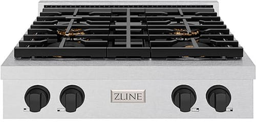 ZLINE Paramount PSRTSZ30MB - ZLINE Autograph Edition 30 in. Paramount Gas Rangetop with 4 Burner DuoPro Cooktop in Satin Stainless Steel and Matte Black Accents (PSRTSZ-30-MB) front. 30 Inch Gas Rangetop with 4 Sealed Burners