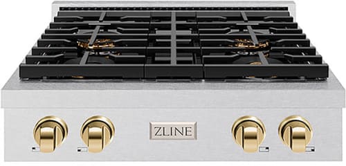 ZLINE Paramount PSRTSZ30G - ZLINE Autograph Edition 30 in. Paramount Gas Rangetop with 4 Burner DuoPro Cooktop in Satin Stainless Steel and Polished Gold Accents (PSRTSZ-30-G) front. 30 Inch Gas Rangetop with 4 Sealed Burners