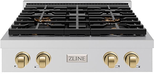 ZLINE Paramount PSRTZ30CB - ZLINE Autograph Edition 30 in. Paramount Gas Rangetop with 4 Burner DuoPro Cooktop in Stainless Steel and Champagne Bronze Accents (PSRTZ-30-CB) front. 30 Inch Gas Rangetop with 4 Sealed Burners