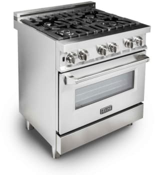 ZLINE RA30 30 Inch Freestanding Professional Dual Fuel Range with 4 Sealed Burners 4 Cu. Ft. Oven Capacity Continuous Grates Convection Oven Triple Layer Glass Oven Adjustable Legs Cast Iron Grill and