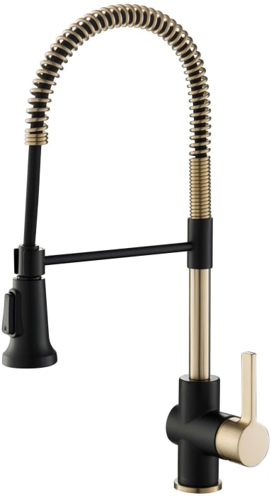 Kraus Kpf1690bgmb Single Handle Commercial Kitchen Faucet With 3 Function Sprayhead 1 8 Gpm Flow Rate High Arc Spout Easy Clean Nozzles Smart Handle Design Premium Ceramic Cartridge And Ada Compliant Brushed Gold Matte Black