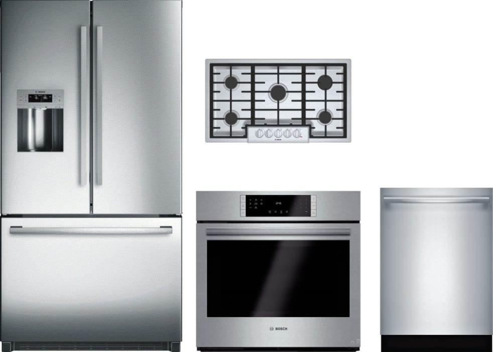 Bosch Borectwodw44 4 Piece Kitchen Appliances Package With French Door Refrigerator And Dishwasher In Stainless Steel