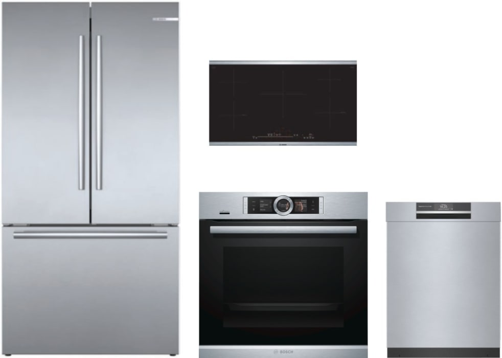 Bosch Borectwodw126 4 Piece Kitchen Appliances Package With French Door Refrigerator And Dishwasher In Stainless Steel