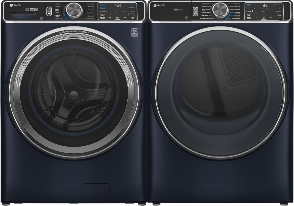 GE GEWADRGPVRS870S Side by Side Washer Dryer Set with Front Load Washer and Gas Dryer in Blue