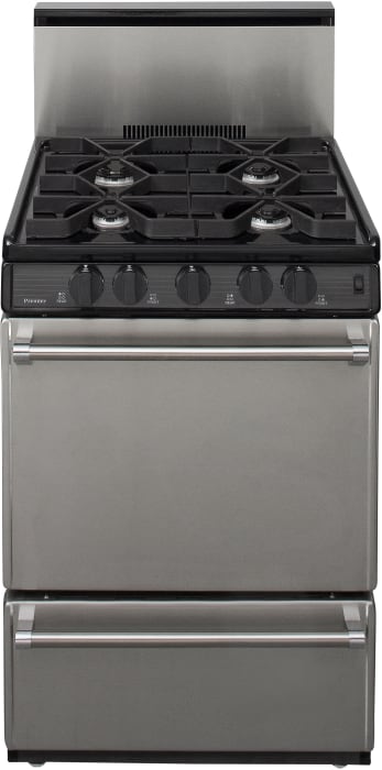 Premier P24s320bp 24 Inch Commercial Style Gas Range With 4 Sealed Burners 15 000 Btu High Power Burner Continuous Cast Iron Grates Electronic Ignition And Drop Door Broiler 10 Inch Stainless Steel Backguard