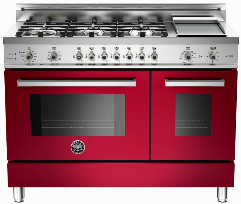 Bertazzoni Pro486gdfsvi 48 Inch Pro Style Dual Fuel Range With 6 Sealed Brass Burners 3 4 Cu Ft Main Convection Oven Self Clean Electric Griddle And Telescopic Glide Shelf Red Wine Natural Gas