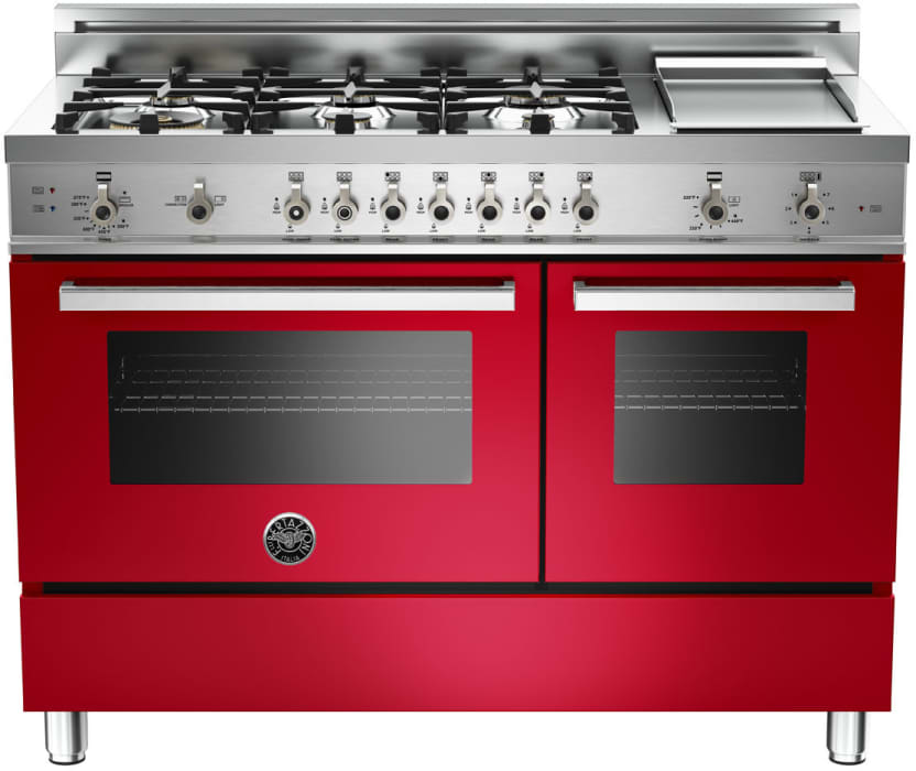 Bertazzoni Pro486ggasro 48 Inch Pro Style Gas Range With 6 Sealed Brass Burners 3 6 Cu Ft Main Convection Oven Manual Clean Electric Griddle And Storage Compartment Red Natural Gas