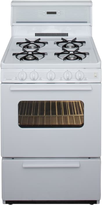 Premier Sck240op 24 Inch Freestanding Gas Range With 4 Open Burners Electronic Ignition 17 000 Btu Oven Burner Lift Up Top Electronic Clock Timer Ada Compliant And 10 Inch Glass Tempered Backguard White