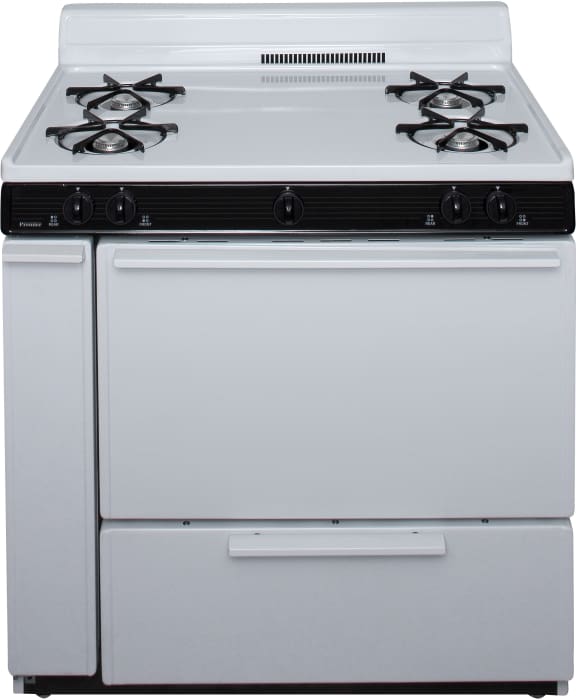 Premier Slk100w 36 Inch Freestanding Gas Range With 4 Open Burners 3 9 Cu Ft Manual Clean Oven Electronic Ignition Solid Oven Door And 4 Inch Porcelain Backguard White With Black Trim