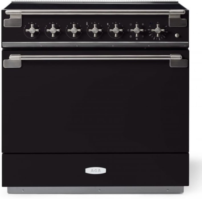 AGA AEL361INABMBL 36 Inch Freestanding Induction Range with 5 Elements 4.5 cu. ft. Oven Capacity Ceramic Glass Surface Storage Drawer True European Convection Oven and Antique Brass Trims Matte Black