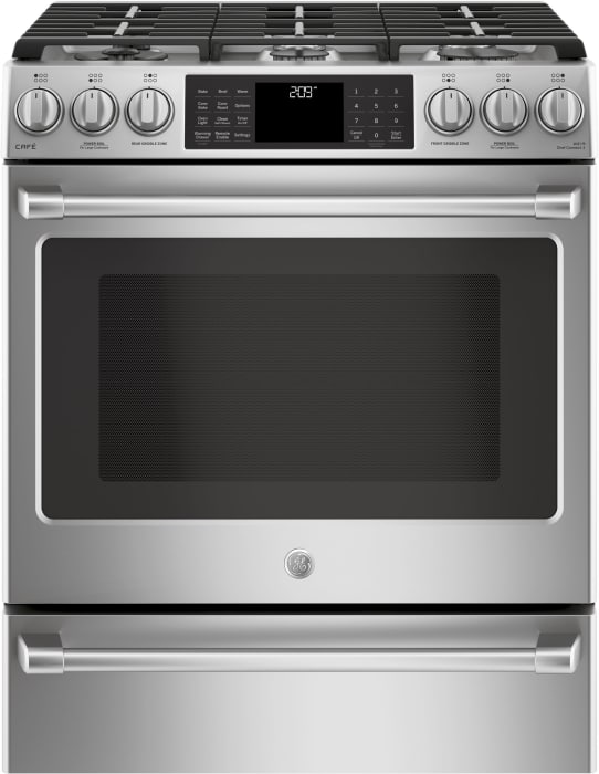 Cafe C2s986selss 30 Inch Slide In Dual Fuel Smart Range With 6 Sealed Burners 5 6 Cu Ft Oven Capacity Tri Ring Burner Simmer Burner Continuous Grates Chef Connect Convection Griddle Meat Probe Self Clean And
