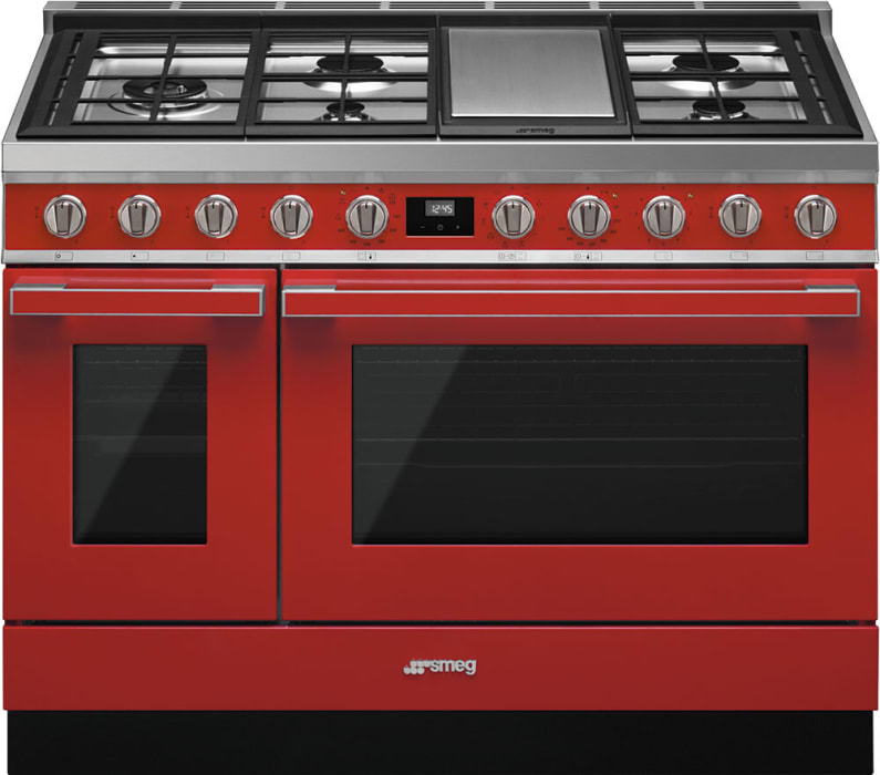 Smeg CPF48UGMR 48 Inch Freestanding Professional Dual Fuel Range with 5 Sealed Burners Double Oven 5.95 Cu. Ft. Total Capacity Storage Drawer Continuous Grates Steam Clean True European Triple Convect...