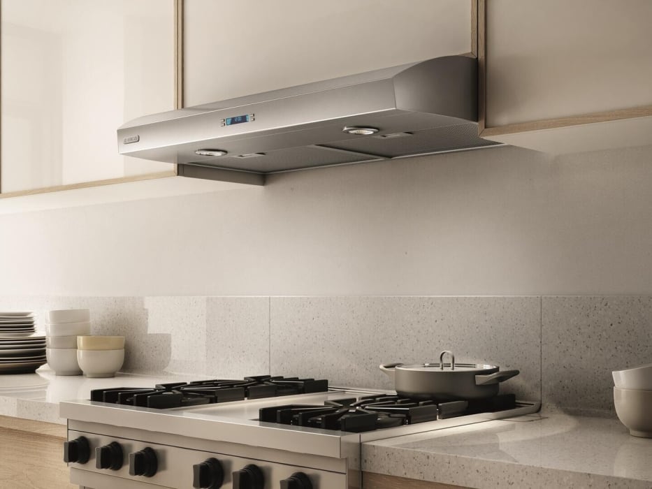 Elica EBL436SS 36 Inch Under Cabinet Range Hood with 4 Speed 430 CFM Blower Multi Function LCD Controls Halogen Lighting Dishwasher Safe Mesh Filters Heat Guard CFM Reduction System and UL Listed Stai...