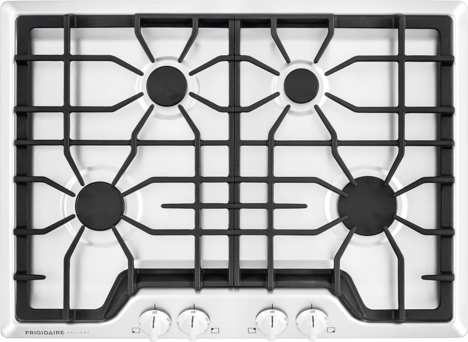Frigidaire Fggc3045qw 30 Inch Gas Cooktop With 4 Sealed Burners Low Simmer Burner Continuous Dishwasher Safe Cast Iron Grates Front Angled Express Select Controls Ada Compliant Design And Spill Safe Cooktop White