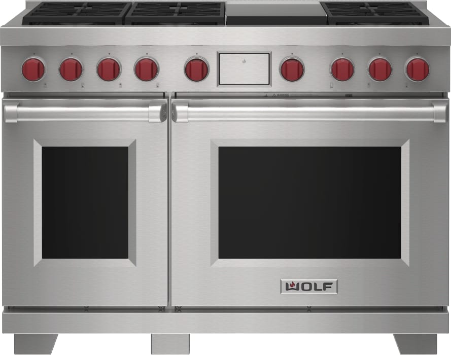 Wolf DF48650GSP 48 Inch Freestanding Dual-Fuel Smart Range with 6 Dual  Stacked Sealed Burners, Double Oven, 7.8 cu. ft. Total Oven Capacity,  Continuous Grates, Infrared Griddle, Gourmet Mode, Touch Screen Controls, 10