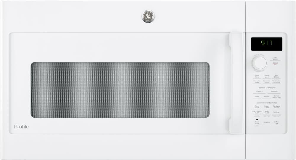 Ge Pvm9179dkww 30 Inch Over The Range Microwave With Convection Sensor Cooking Chef Connect 1 7 Cu Ft Capacity 950 Watts Fast Cook Bake Roast 3 Speed 300 Cfm Steam Clean And Led Cooktop Lighting White