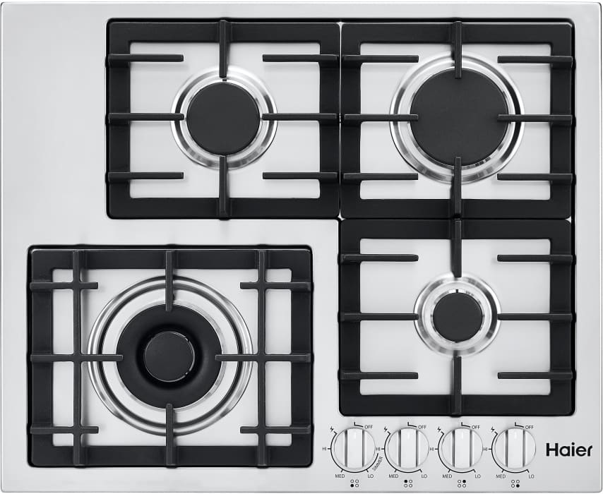 Haier Hcc2430ags 24 Inch Gas Cooktop With 4 Sealed Burners Dual Burner Stainless Steel Finish Heavy Duty Cast Iron Grates And Heavy Duty Metal Knobs