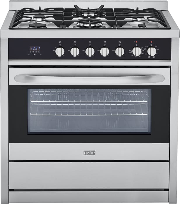 Haier Hcr6250ads 36 Inch Dual Fuel Range With 5 Sealed Burners 3 8 Cu Ft True European Convection Oven 2 Oven Racks Baking Tray Wok Ring Adapter Halogen Lighting Digital Clock Timer And Manual Clean
