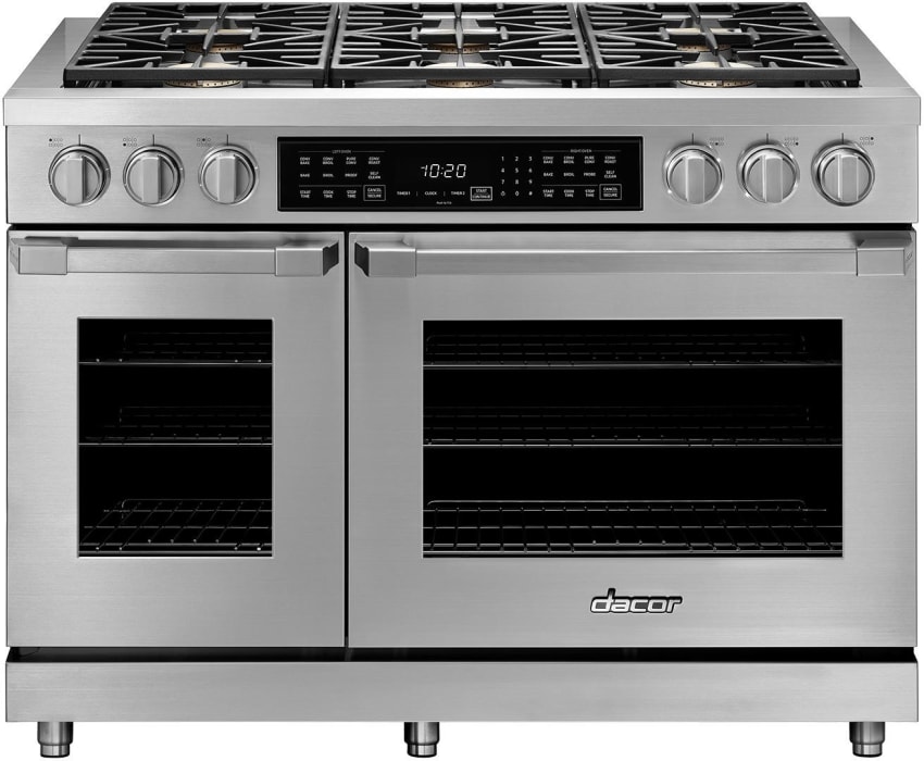 Dacor Hdpr48slp 48 Inch Freestanding Professional Dual Fuel Range With 6 Sealed Burners Double Oven 8 Cu Ft Total Capacity Continuous Grates Self Clean Illumina Knobs And Four Part Pure Convection Stainless Steel