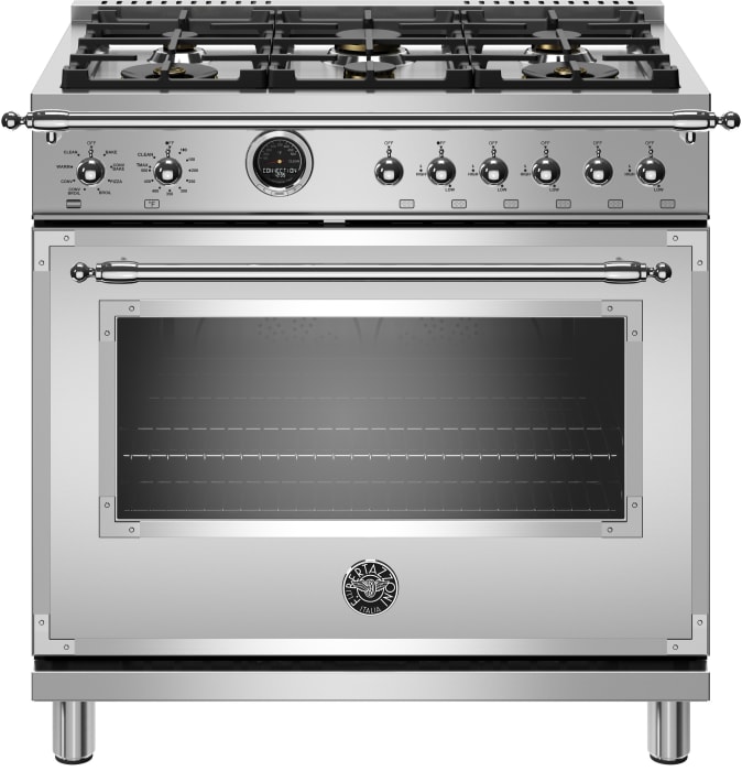 Bertazzoni Hert366dfsxt 36 Inch Dual Fuel Range With 6 Monobloc Brass Burners 5 7 Cu Ft Oven Capacity Cast Iron Grates Temperature Probe Self Clean Smooth Glide Telescopic Racks Power Burners 10 Pass Electric Broiler And