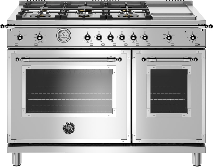 Bertazzoni Hert486ggasxt 48 Inch Traditional Style Gas Range With Made In Italy Counter Depth 2 Year Parts Labor Warranty 6 Monobloc Brass Burners 4 7 Cu Ft Main Convection Oven High Power Infared Gas Broiler