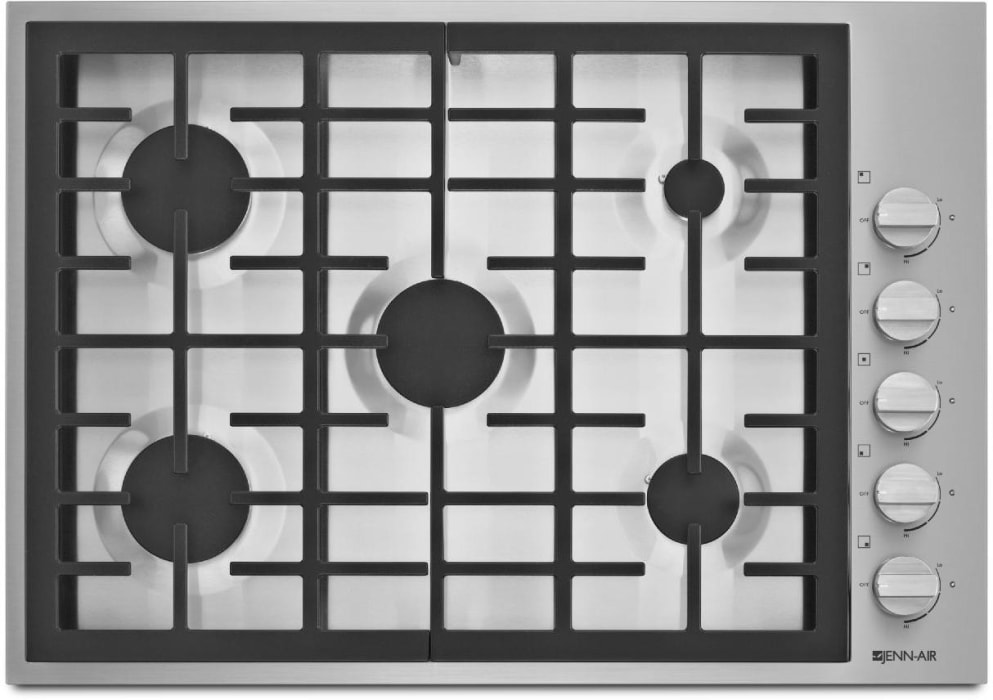 Jennair Jgc7530bp 30 Inch 5 Burner Gas Cooktop With Low Profile Design 18 000 Btu Brass Powerburner 6 000 Btu Brass Simmer Burner Single Point Electronic Ignition And Flame Sensing Re Ignition White Led Burner Indicator And Infinite