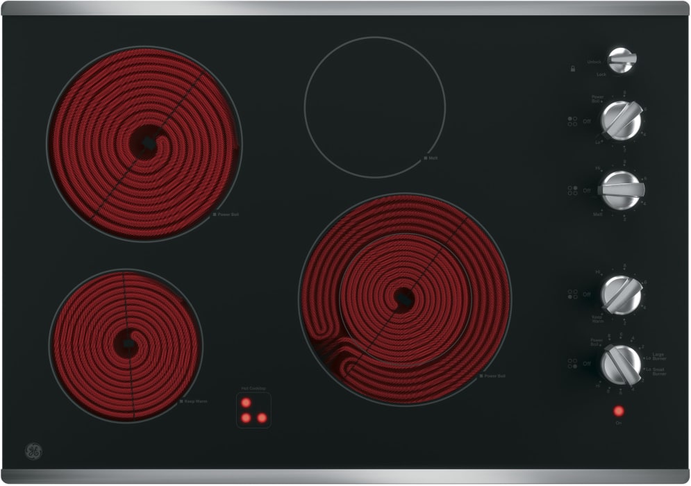GE JP3530SJSS 30 Inch Electric Cooktop with 4 Radiant Elements, Ceramic Glass Surface, Power