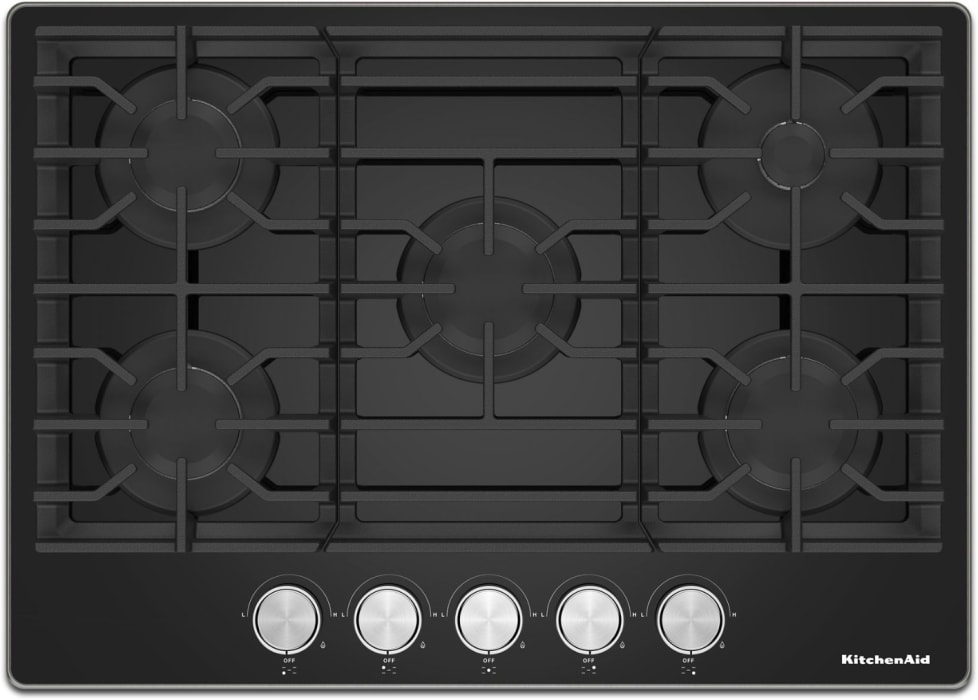 KitchenAid KCGG530PBL 30 Inch Gas Cooktop with 5 Sealed Burners 56.2K Total BTUs 18K BTU Central Burner Black Glass Cooktop Continuous Grates Dishwasher Safe Cast Iron Grates Stainless Steel Knobs LP ...