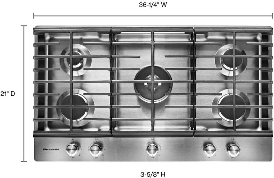 KitchenAid KCGS556ESS 36 Inch Gas Cooktop with 5 Sealed Burners, Professional Dual Ring Burner