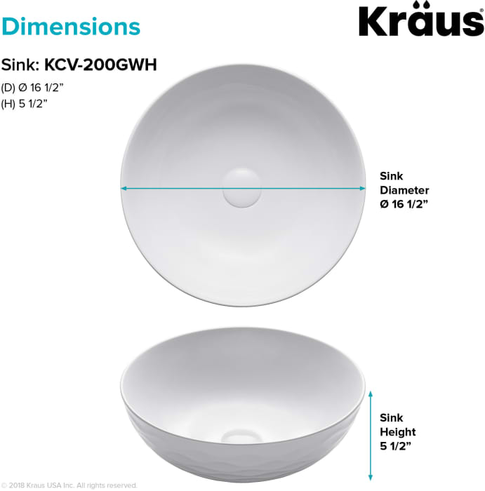 Kraus KCV200GWH 16 Inch Round Porcelain Ceramic Vessel Bathroom Sink with Ultra Slim Edges