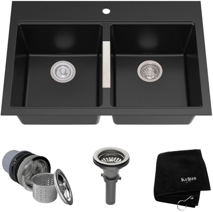 Kraus KGD433B 33 Inch Dual Mount 50/50 Double Bowl Granite Kitchen Sink