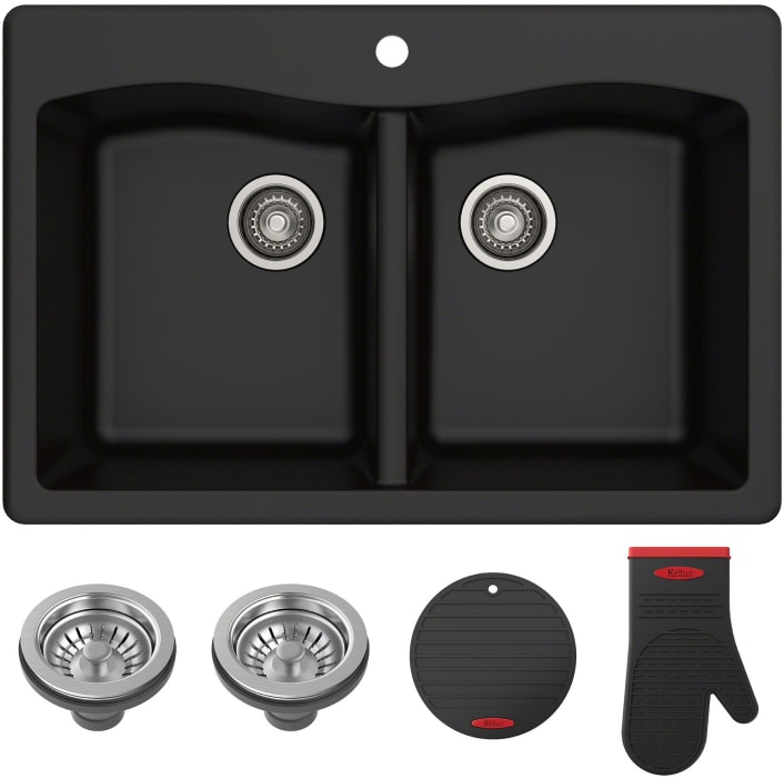 Kraus KGD52BLACK 33 Inch Dual Mount 50/50 Double Bowl Granite