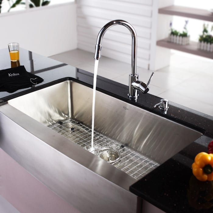 Kraus Khf20036kpf1622ksd30ch 36 Inch Farmhouse Single Bowl Stainless Steel Sink With Pull Out Faucet Soap Dispenser 10 Depth 16 Gauge Scratch Resistant Stone Guard Undercoating And Ada Compliant Chrome Kraus Khf20036kpf1622ksd30ch 36 Inch, Kraus Farmhouse Sink 36