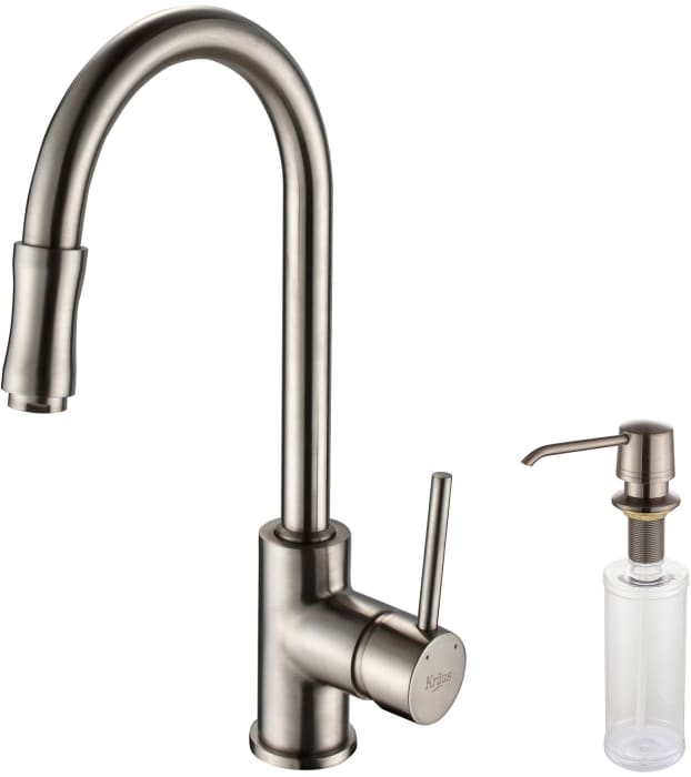 Kraus Kpf1622ksd30sn Single Lever Pull Out Kitchen Faucet With Hi Arc Pull Down Spray Head 2 2 Gpm Flow Rate Drip Free Ceramic Cartridge And Chrome Soap Dispenser Satin Nickel