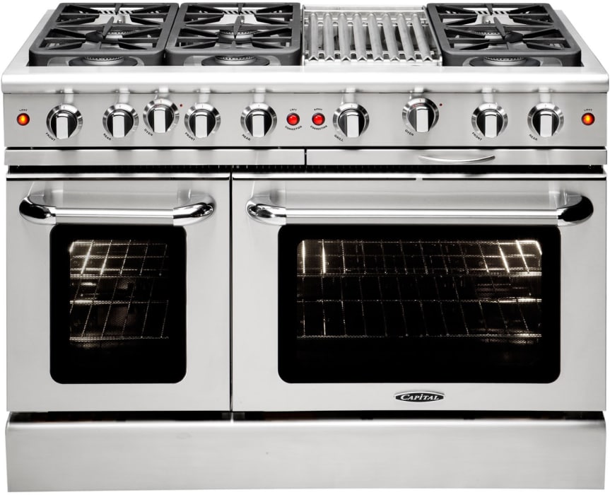 Capital MCR486BL 48 Inch Freestanding Gas Range with 6 Power Flo Sealed Burners Dual Oven 7.6 cu. ft. Total Oven Capacity Continuous Grates Hybrid Radiant BBQ Grill Stay Cool Knobs Auto Re Ignition In...