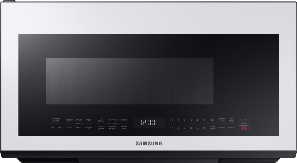 Samsung ME21B706B12 30 Inch Over-the-Range Microwave with 2.1 Cu. Ft.  Capacity, 4-Speed 400 CFM Ventilation, Sensor Cook, Ceramic Enamel  Interior, Glass-Touch Controls, Cooktop Lighting, Eco Mode, Auto Cook, and  Child Lock: White