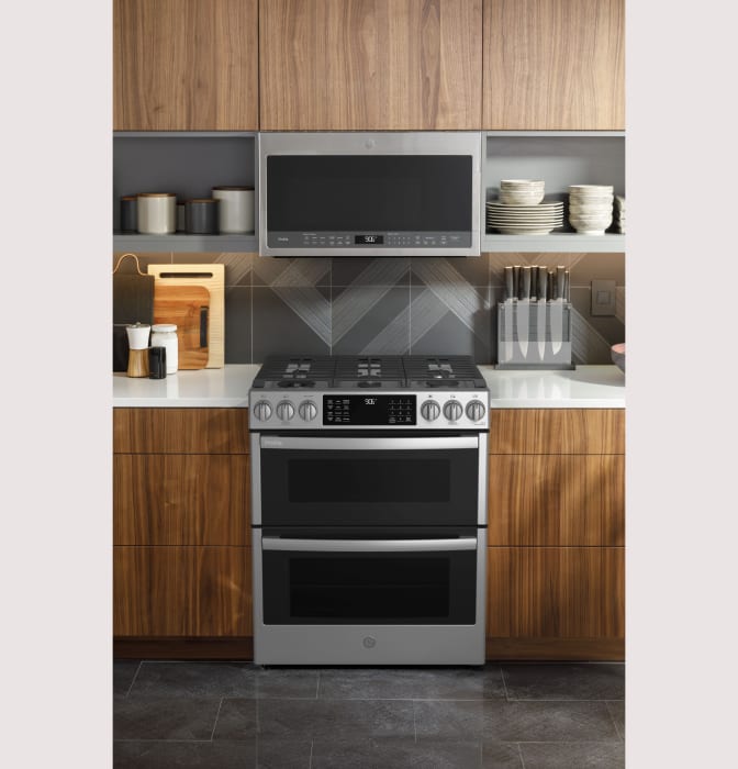 GE PGS960YPFS 30 Inch Smart Gas Slide In Double Oven Range with 5