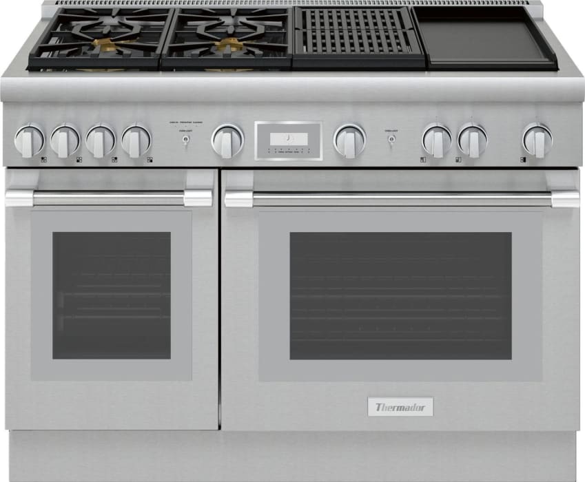 Thermador Prd484wchu 48 Inch Freestanding Dual Fuel Smart Range With Home Connect Griddle And Grill Star Burners Quickclean Base Metal Knobs Extralow Simmer Burner Convection Oven Continuous Cast Iron Grates Self Clean Mode And
