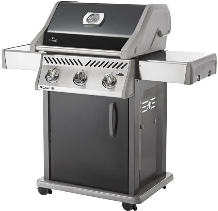 Napoleon R425PK 51 Inch Gas Grill with JETFIRE Ignition, WAVE Cast Grid, Black Enamel Lid, 3 12,000 BTU Stainless Steel Tube Burners, Steel Cart and 435 sq. in. Total Cooking Space: Liquid Propane